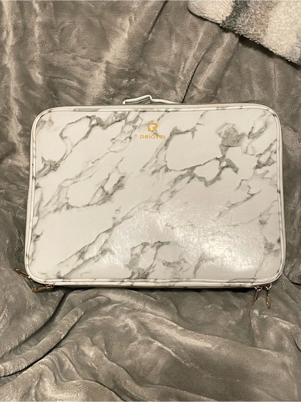 White Marble Travel Cosmetic Case with Gold Logo